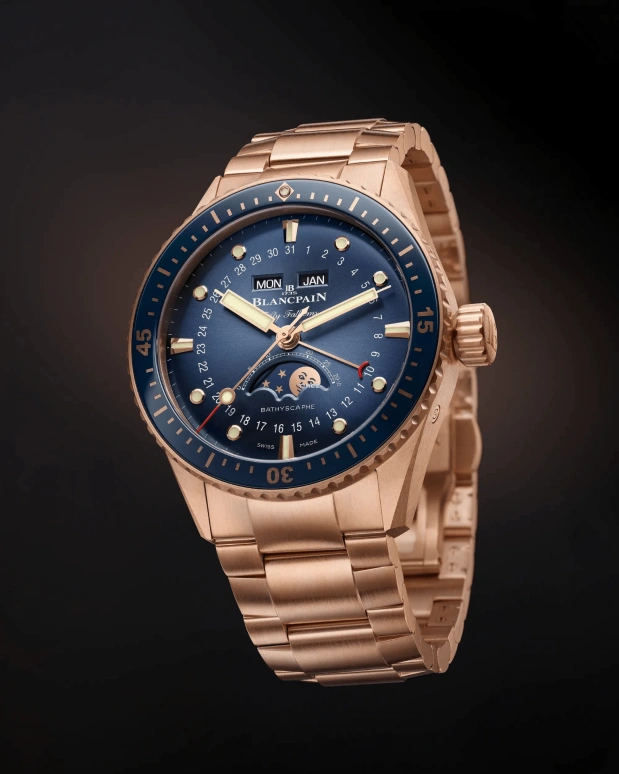 Blancpain,Fifty Fathoms 43mm,43mm,Red Gold,Blue,Automatic,Moonphase,Month,Date,Day,In-house Caliber,Sapphire,Crystal Glass,5054 3640 76S