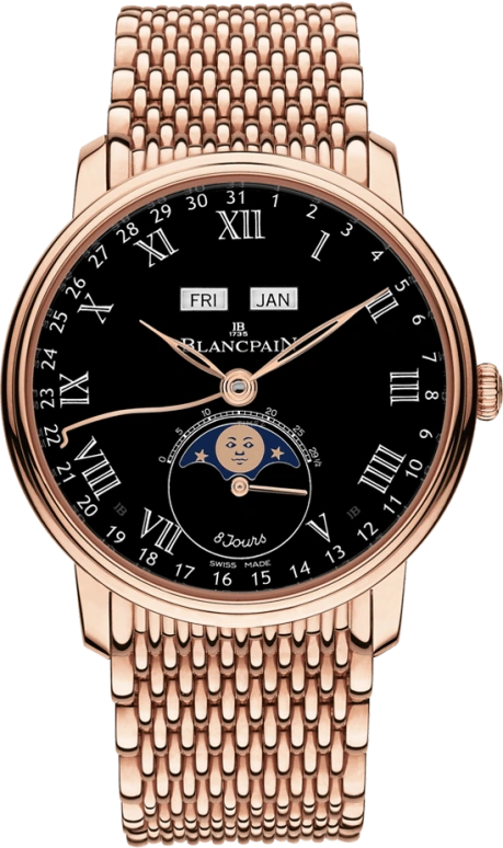 Blancpain,Villeret 42mm,42mm,Red Gold,Black,Automatic,Moonphase,Month,Date,Day,192hours,In-house Caliber,6639,6639-3637-MMB