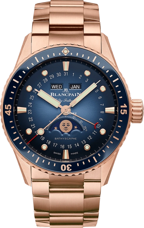 Blancpain,Fifty Fathoms 43mm,43mm,Red Gold,Blue,Automatic,Moonphase,Month,Date,Day,In-house Caliber,Sapphire,Crystal Glass,5054 3640 76S