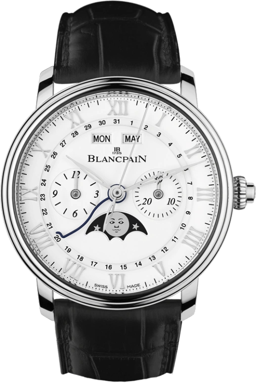 Blancpain,Villeret 40mm,40mm,Stainless Steel,White,Automatic,Chronograph,Monopoussoir,Moonphase,Month,192hours,In-house Caliber,6685,6685-1127-55B