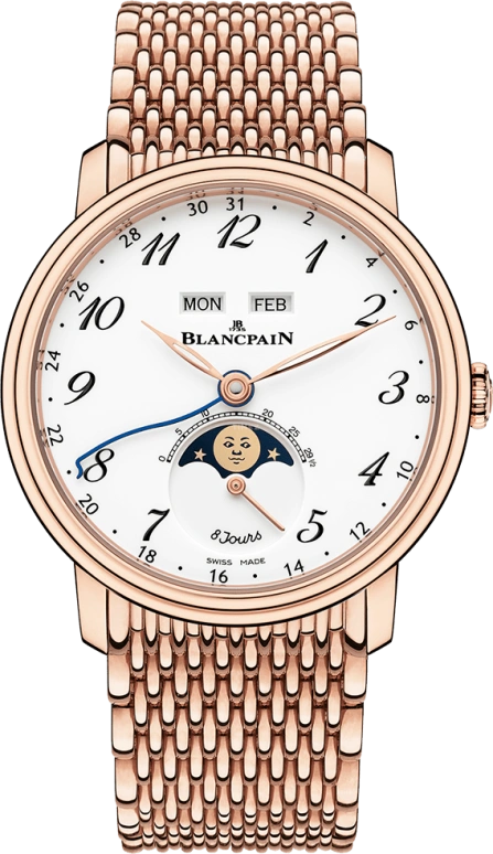 Blancpain,Villeret 42mm,42mm,Red Gold,White,Automatic,Moonphase,Month,Date,Day,192hours,In-house Caliber,6639A,6639A-3631-MMB