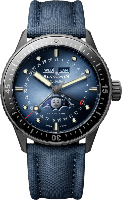 Blancpain,Fifty Fathoms 43.60mm,43.60mm,Ceramic,Blue,Automatic,Moonphase,Month,Date,Day,In-house Caliber,Sapphire,Crystal Glass,5054 0140 O52A