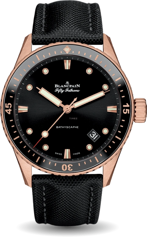 Blancpain,Fifty Fathoms 43mm,43mm,Sedna Gold,Black,Automatic,Chronograph,Date,Flyback,Retrograde,120hours,In-house Caliber,5000,5000-36S30-B52A