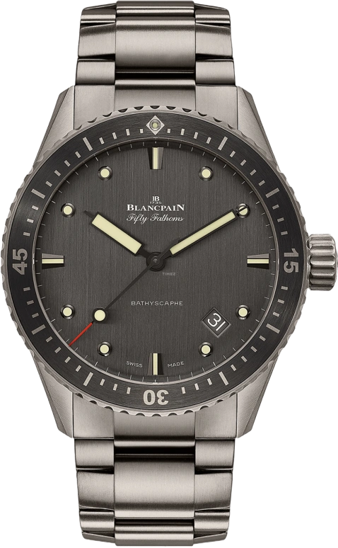 Blancpain,Fifty Fathoms 43mm,43mm,Titanium,Ceramic,Smoky Coal,Automatic,Day,Anti-magnetic,5000,5000-1210-98S