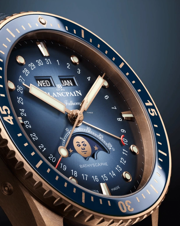 Blancpain,Fifty Fathoms 43mm,43mm,Red Gold,Blue,Automatic,Moonphase,Month,Date,Day,In-house Caliber,Sapphire,Crystal Glass,5054 3640 76S