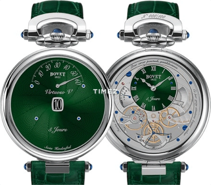 Bovet,Fleurier 43.50mm,43.50mm,White Gold,Green,Handwound,Day,Power Reserve Indicator,Flyback,Retrograde,Sapphire,Crystal Glass,Round,ACHS034