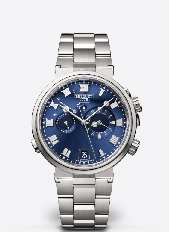 Breguet,Marine 40mm,40mm,Titanium,Blue,Automatic,Chronograph,Day,Power Reserve Indicator,Alarm,45hours,In-house Caliber,5547TI,5547TI/Y1/TZ0