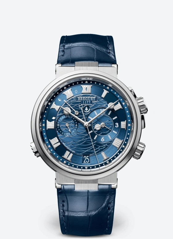 Breguet,Marine 40mm,40mm,White Gold,Blue,Automatic,Chronograph,Date,Power Reserve Indicator,Alarm,45hours,In-house Caliber,5547BB,5547BB/Y2/9ZU