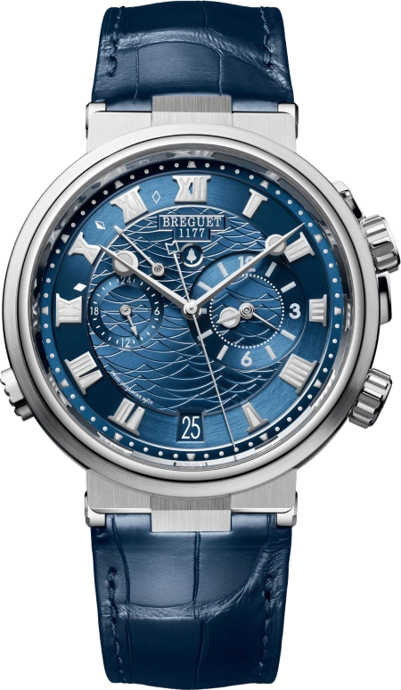 Breguet,Marine 40mm,40mm,White Gold,Blue,Automatic,Chronograph,Date,Power Reserve Indicator,Alarm,45hours,In-house Caliber,5547BB,5547BB/Y2/9ZU