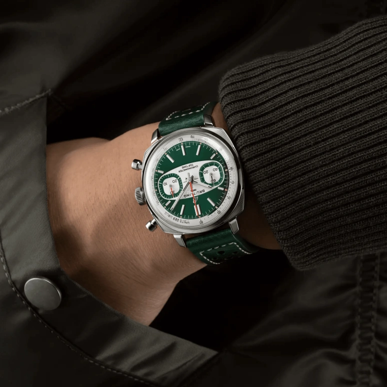 Breitling,Top Time 38mm,38mm,Stainless Steel,White,Green,Automatic,Chronograph,70hours,AB01771A1L1X1