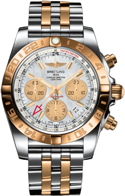 Breitling,Chronomat 44mm,44mm,Rose Gold,Stainless Steel,White,Automatic,Chronograph,Day,Column Wheel,CB042012,CB042012/A739/375C