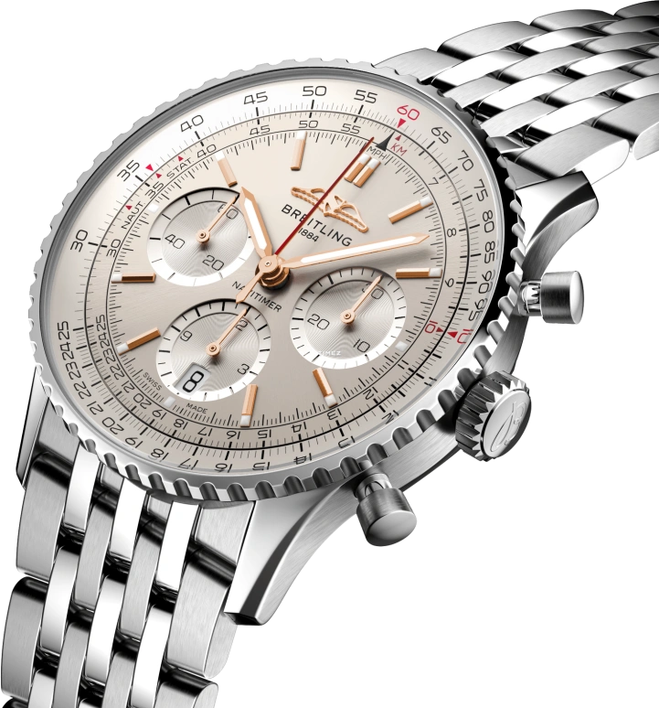 Breitling,Navitimer 41mm,41mm,Stainless Steel,Silver White,Automatic,Chronograph,Day,AB0139211G1A1