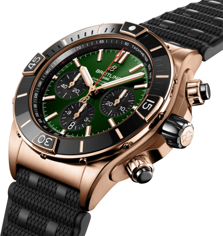 Breitling,Chronomat 44mm,44mm,Ceramic,Red Gold,Green,Automatic,Chronograph,Day,Column Wheel,RB01361A1L1S1