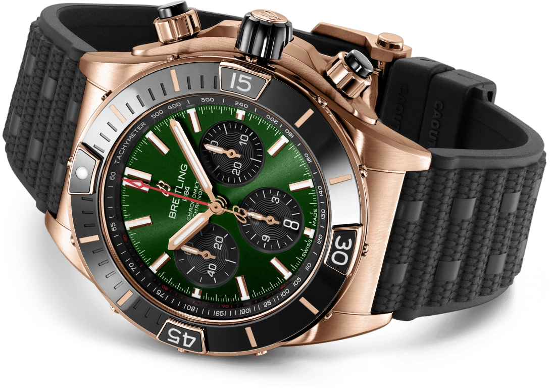 Breitling,Chronomat 44mm,44mm,Ceramic,Red Gold,Green,Automatic,Chronograph,Day,Column Wheel,RB01361A1L1S1