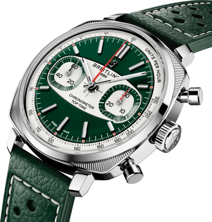 Breitling,Top Time 38mm,38mm,Stainless Steel,White,Green,Automatic,Chronograph,70hours,AB01771A1L1X1