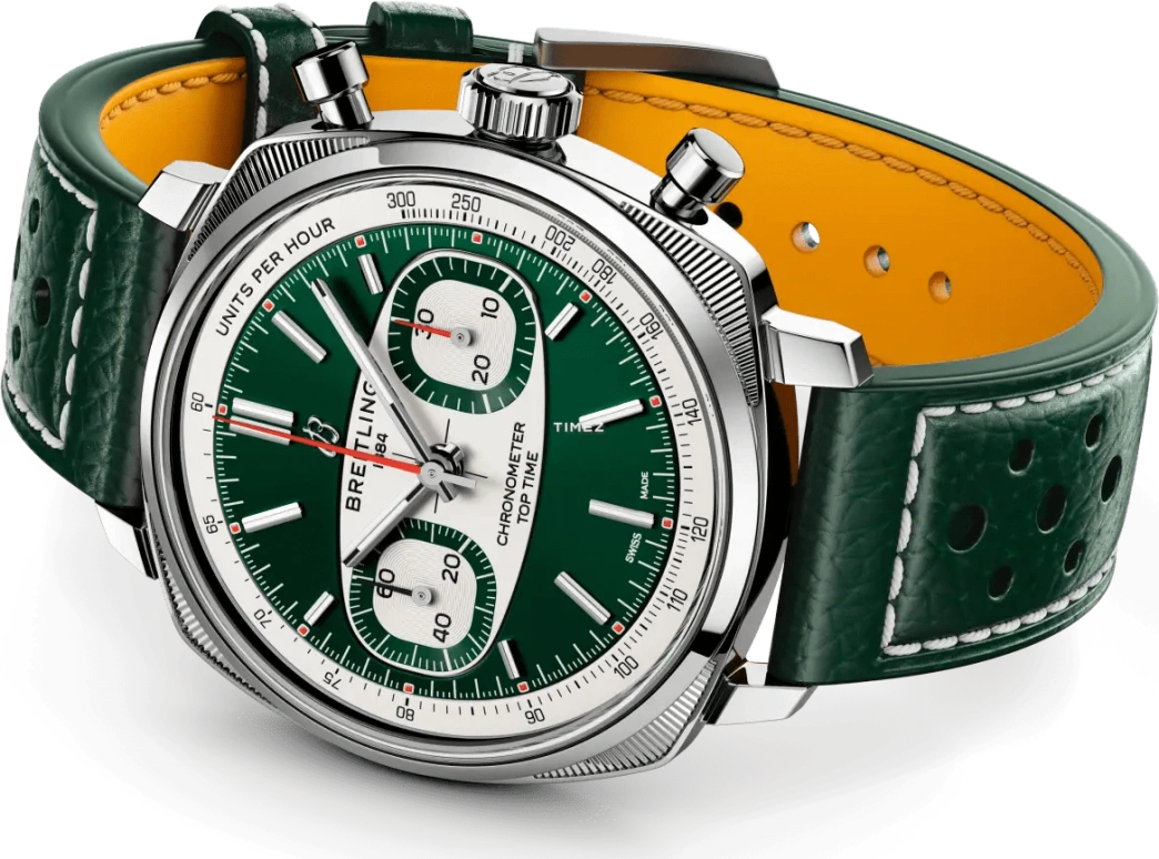 Breitling,Top Time 38mm,38mm,Stainless Steel,White,Green,Automatic,Chronograph,70hours,AB01771A1L1X1