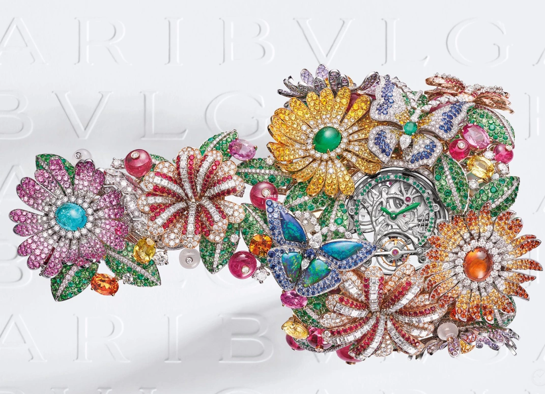 Bulgari,High Jewellery ,Platinum,Skeleton,Handwound,Tourbillon,Diamonds,Rectangular Cut,VVS,VS,Setting,Paved,Sapphire,Ruby,Emerald,Tourmaline,103677