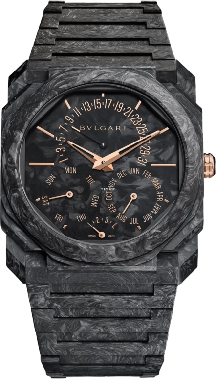 Bulgari,Octo 40mm,40mm,Carbon,Black,Smoky Coal,Automatic,Perpetual Calendar,Leap Year,Month,Day,Sapphire,Crystal Glass,Octagon,103778