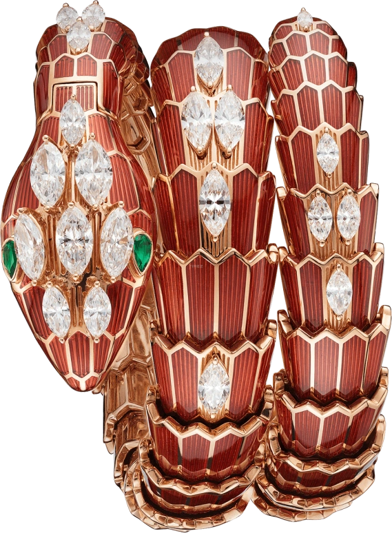 宝格丽,Serpenti 40毫米,40毫米,玫瑰金,黄金色,蓝宝石,水晶玻璃,玫瑰金色,红色,祖母绿,镶钻,102527