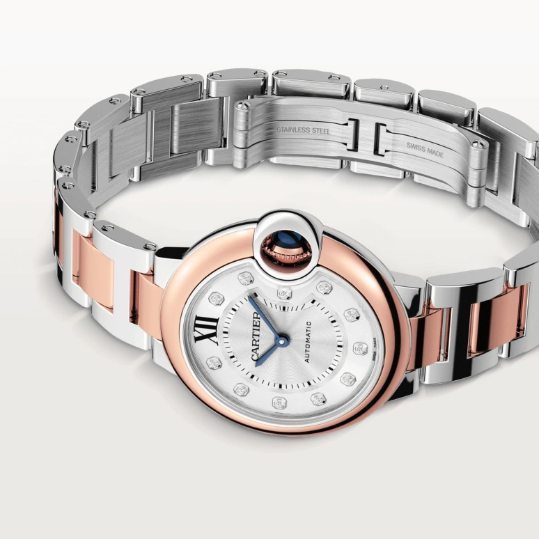 Cartier,Ballon Bleu de Cartier 33mm,33mm,Stainless Steel,Rose Gold,Silver,Automatic,Sapphire,Crystal Glass,Round,W3BB0021