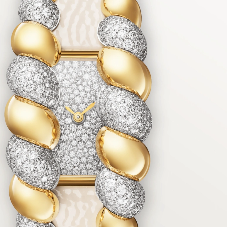 卡地亚,Tressage 56.20x25.70毫米,56.20x25.70毫米,黄金,银色,石英,蓝宝石,水晶玻璃,方形,HPI01690