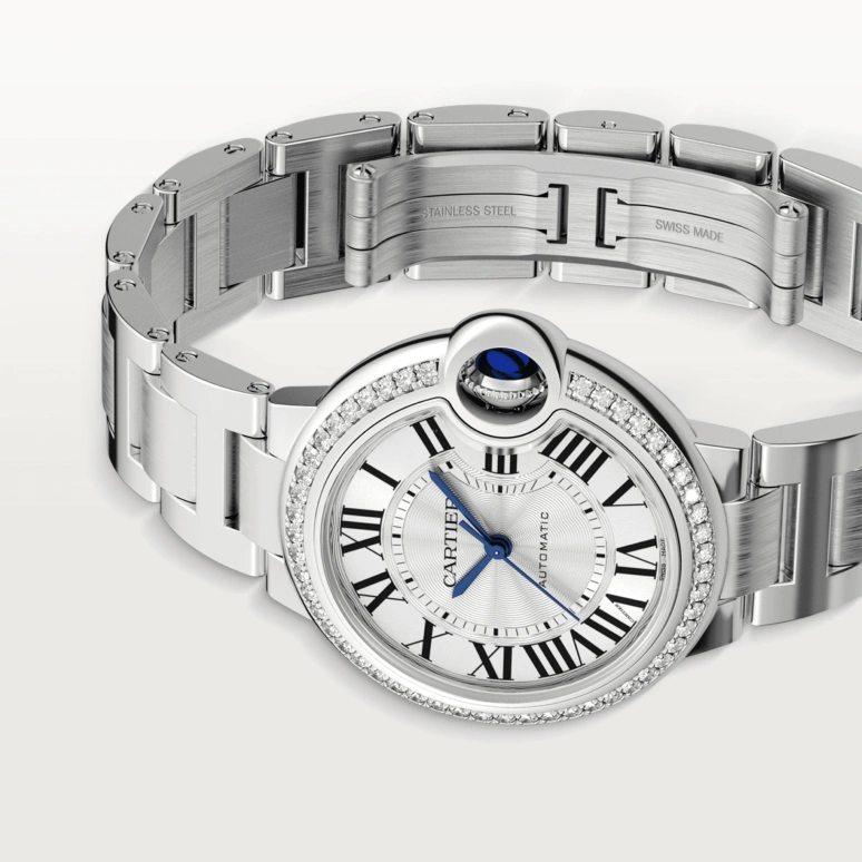 Cartier,Ballon Bleu de Cartier 33mm,33mm,Stainless Steel,Silver,Sapphire,Crystal Glass,Closed,W4BB0023