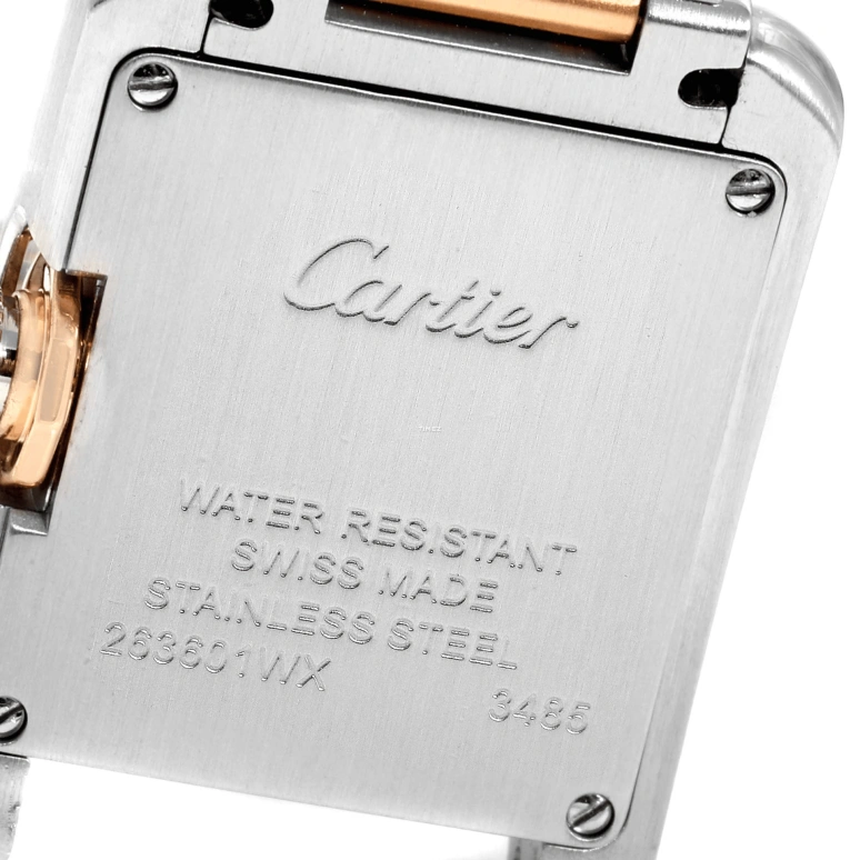 Cartier,Tank 30.20x22.70mm,30.20x22.70mm,Stainless Steel,Rose Gold,Silver White,Quartz,In-house Caliber,Sapphire,Crystal Glass,WT100024