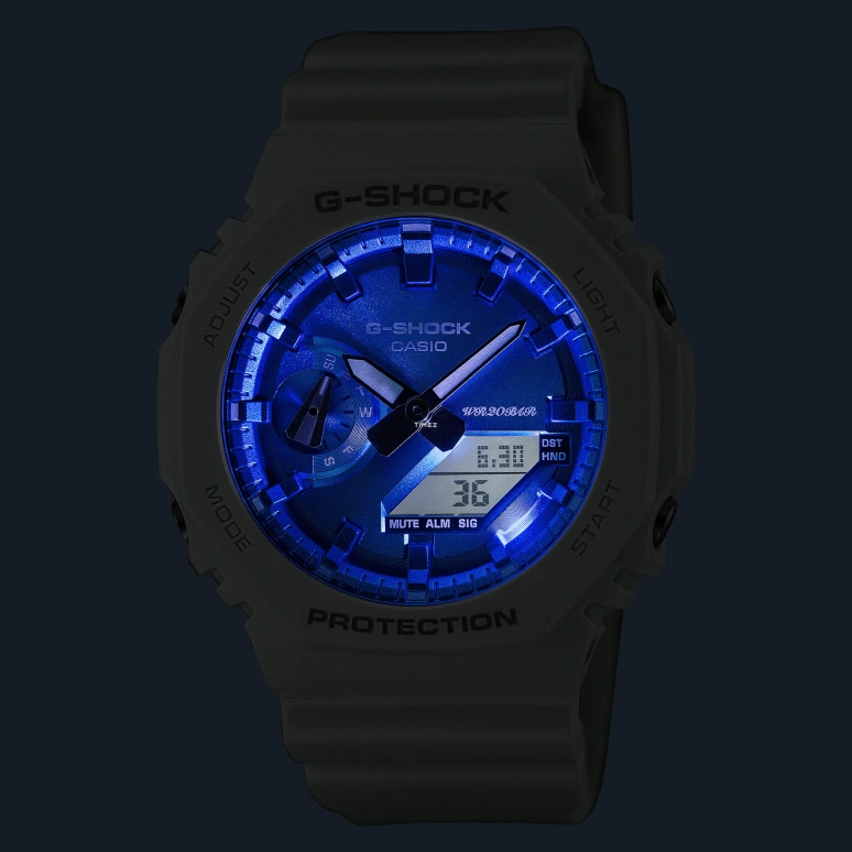 卡西欧,G-SHOCK 48.50x45.40毫米,48.50x45.40毫米,碳纤维,合成树脂,蓝色,石英,倒计时,计时,月历,星期历,矿物水晶,八角形,GA2100WS,GA2100WS-7A