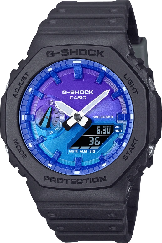 卡西欧,G-SHOCK 45.40毫米,45.40毫米,碳纤维,合成树脂,生物基,紫色,渐变色,双色,石英,倒计时,计时,月历,星期历,矿物水晶,八角形,GA2100FL,GA2100FL-1A