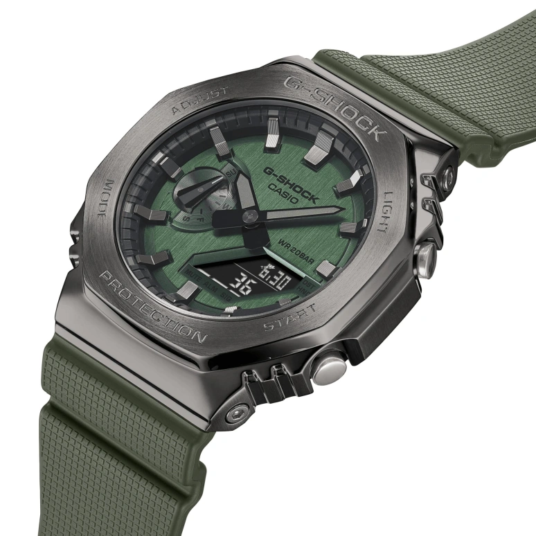 卡西欧,G-SHOCK 49.30x44.40毫米,49.30x44.40毫米,合成树脂,精钢,绿色,石英,倒计时,计时,月历,星期历,矿物水晶,圆形,GM2100B,GM2100B-3A