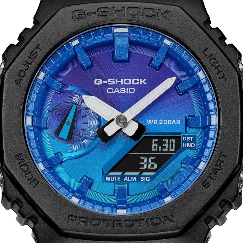 卡西欧,G-SHOCK 45.40毫米,45.40毫米,碳纤维,合成树脂,生物基,紫色,渐变色,双色,石英,倒计时,计时,月历,星期历,矿物水晶,八角形,GA2100FL,GA2100FL-1A
