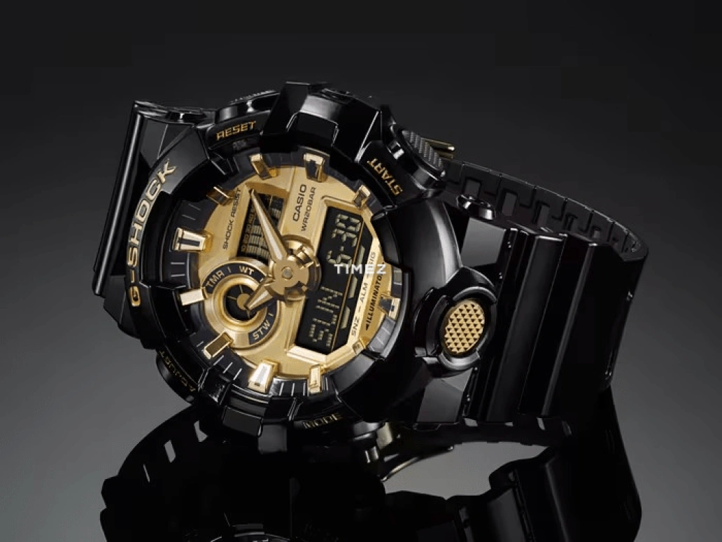 卡西欧,G-SHOCK 53.40毫米,53.40毫米,合成树脂,黄金色,石英,倒计时,计时,月历,星期历,矿物水晶,圆形,GA710GB,GA710GB-1A