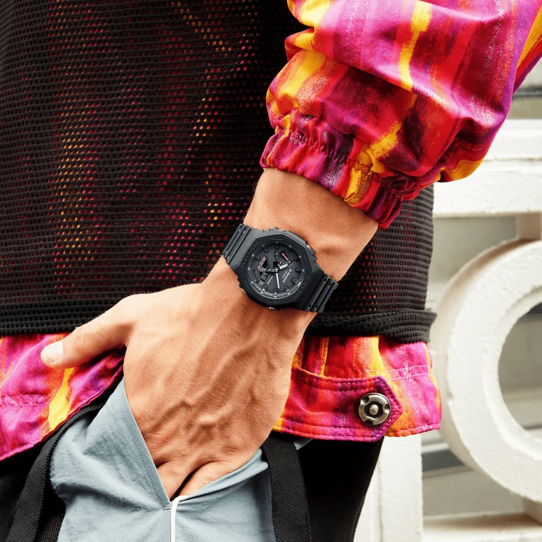 卡西欧,G-SHOCK 48.50x45.40毫米,48.50x45.40毫米,合成树脂,碳纤维,黑色,石英,倒计时,计时,月历,星期历,矿物水晶,圆形,GA2100P,GA2100P-1A