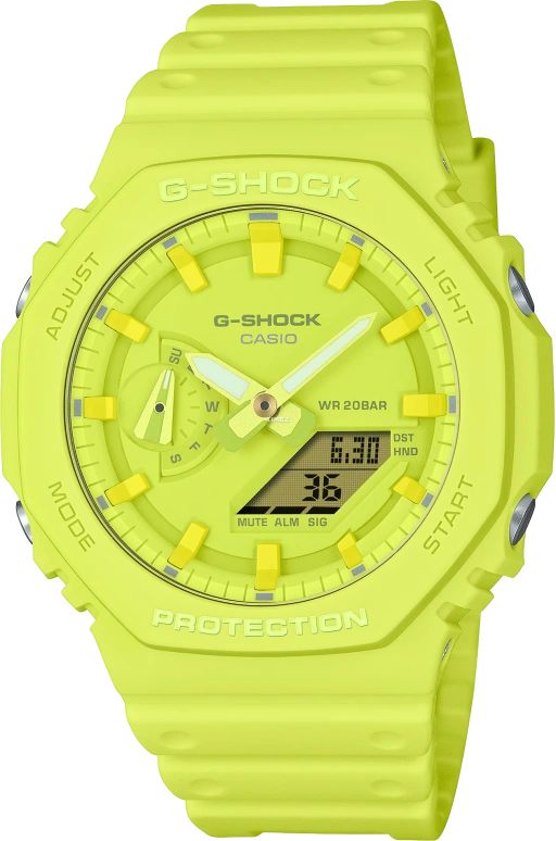 卡西欧,G-SHOCK 48.50x45.40毫米,48.50x45.40毫米,碳纤维,生物基,合成树脂,黄色,石英,倒计时,计时,月历,星期历,矿物水晶,圆形,GA2100,GA2100-9A9