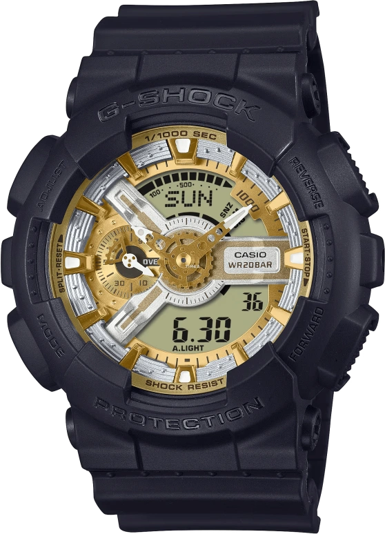 卡西欧,G-SHOCK 55x51.20毫米,55x51.20毫米,合成树脂,黄金色,银色,石英,倒计时,计时,月历,星期历,矿物水晶,圆形,GA110CD,GA110CD-1A9