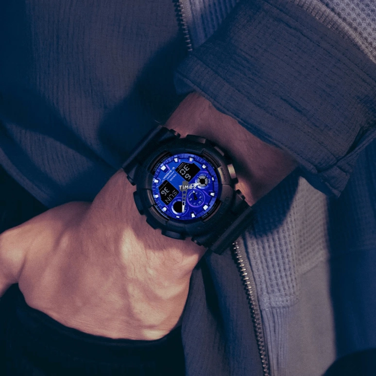卡西欧,G-SHOCK 51.20毫米,51.20毫米,合成树脂,蓝色,石英,倒计时,计时,月历,星期历,矿物水晶,圆形,GA100FL,GA100FL-1A