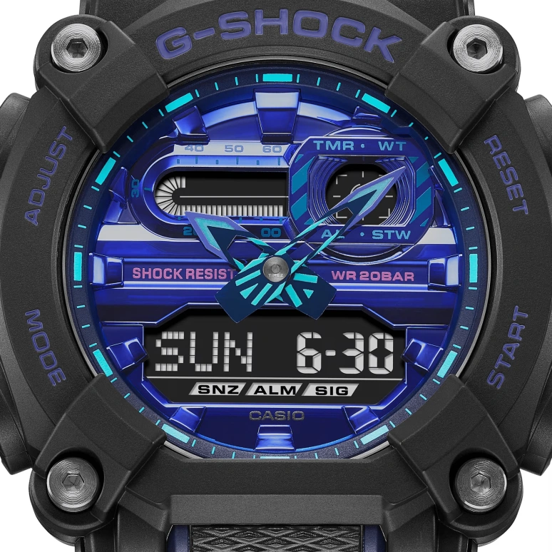 卡西欧,G-SHOCK 52.80x49.50毫米,52.80x49.50毫米,合成树脂,紫色,石英,倒计时,计时,月历,星期历,矿物水晶,圆形,GA900VB,GA900VB-1A