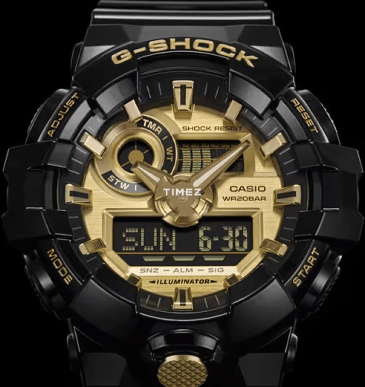 卡西欧,G-SHOCK 53.40毫米,53.40毫米,合成树脂,黄金色,石英,倒计时,计时,月历,星期历,矿物水晶,圆形,GA710GB,GA710GB-1A