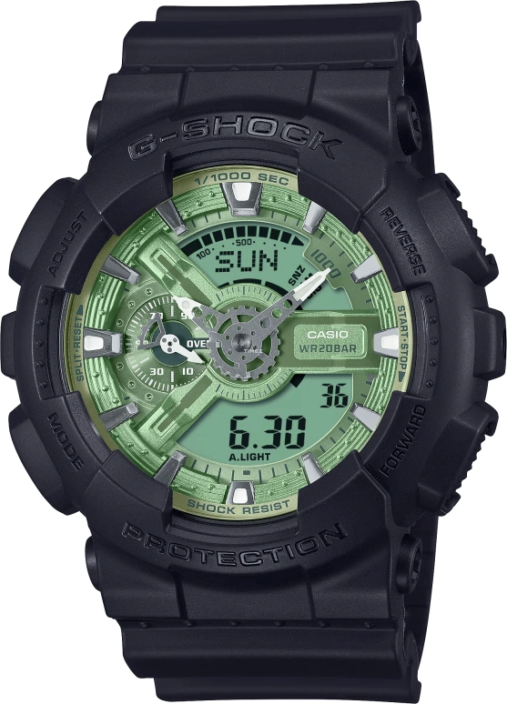 卡西欧,G-SHOCK 55x51.20毫米,55x51.20毫米,合成树脂,绿色,石英,倒计时,计时,月历,星期历,矿物水晶,圆形,GA110CD,GA110CD-1A3