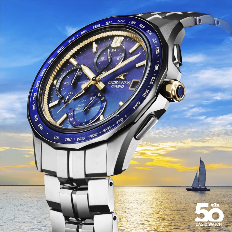 卡西欧,OCEANUS 47.50x42.80毫米,47.50x42.80毫米,钛,蓝色,石英,计时,星期历,日历,世界时,蓝宝石,水晶玻璃,圆形,OCW,OCW-S7000SS-2A