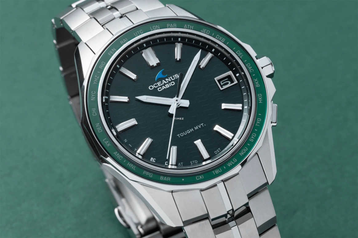 卡西欧,OCEANUS 46.50x41.30毫米,46.50x41.30毫米,钛,墨绿色,石英,日历,世界时,太阳能充电,OCWS400,OCWS400-3A