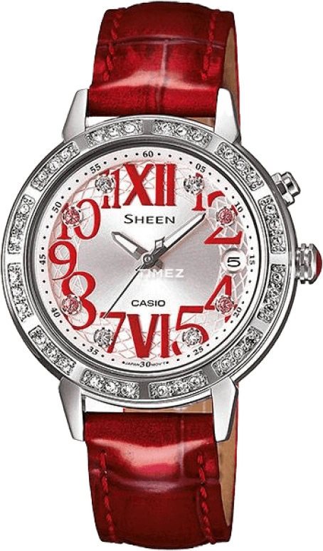 卡西欧,SHEEN 32毫米,32毫米,不锈钢,银色,红色,石英,SHE,SHE-4031L-7A1
