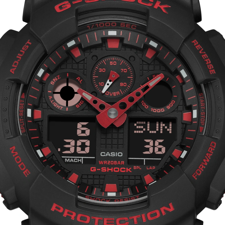 卡西欧,G-SHOCK 55x51.20毫米,55x51.20毫米,合成树脂,黑色,红色,石英,倒计时,计时,月历,星期历,矿物水晶,圆形,GA100BNR,GA100BNR-1A