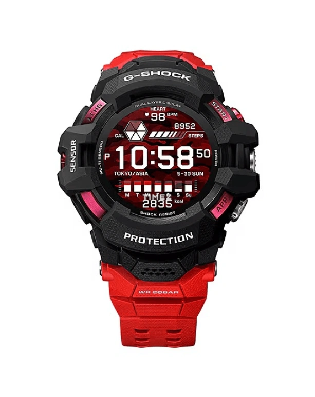卡西欧,G-SHOCK 56.30毫米,56.30毫米,合成树脂,黑色,红色,处理器,智能手表,GPS,高度计,罗盘,矿物水晶,圆形,GSWH1000,GSWH1000-1A4