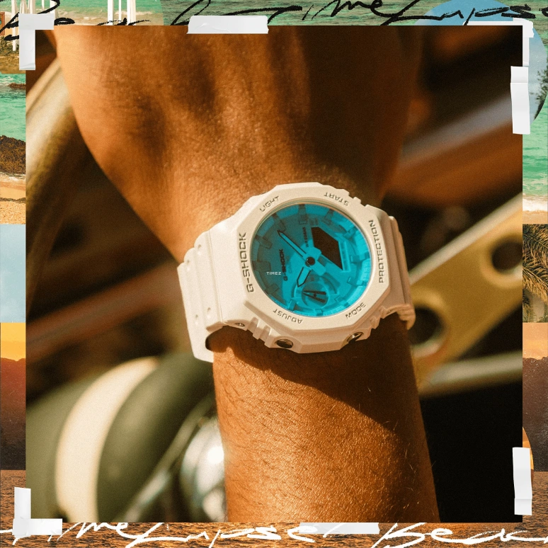 卡西欧,G-SHOCK 45.40毫米,45.40毫米,碳纤维,生物基,合成树脂,白色,蓝色,粉色,石英,倒计时,计时,月历,星期历,矿物水晶,八角形,GA2100TL,GA2100TL-7A