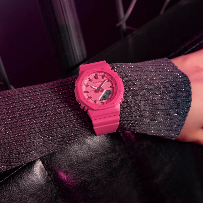 卡西欧,G-SHOCK 46x40.20毫米,46x40.20毫米,合成树脂,生物基,粉红色,石英,倒计时,计时,月历,星期历,玻璃,矿物水晶,八角形,GMAP2100PP,GMAP2100PP-4A