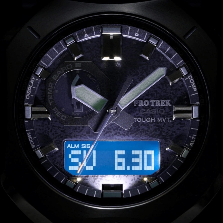 卡西欧,PROTREK 49.60x44.80毫米,49.60x44.80毫米,生物基,不锈钢,黑色,石英,倒计时,计时,月历,星期历,矿物水晶,八角形,PRW6900YB,PRW6900YB-3