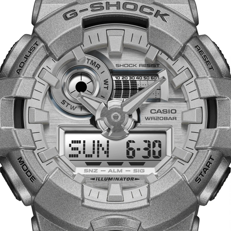 卡西欧,G-SHOCK 57.50x53.40毫米,57.50x53.40毫米,合成树脂,银色,石英,倒计时,计时,月历,星期历,矿物水晶,圆形,GA700FF,GA700FF-8A