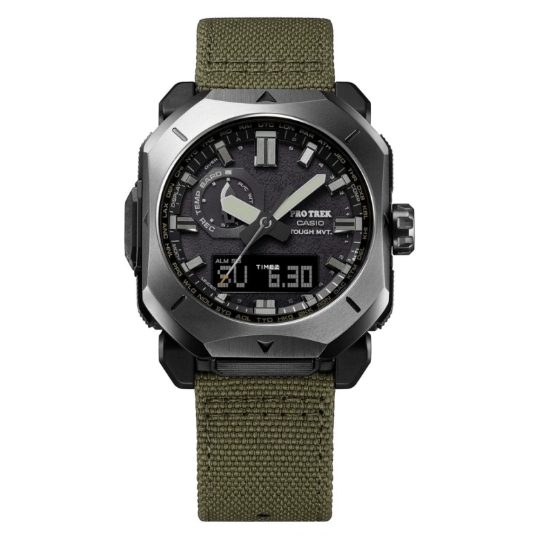 卡西欧,PROTREK 49.60x44.80毫米,49.60x44.80毫米,生物基,不锈钢,黑色,石英,倒计时,计时,月历,星期历,矿物水晶,八角形,PRW6900YB,PRW6900YB-3