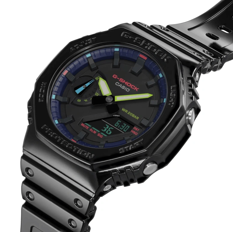 卡西欧,G-SHOCK 48.50x45.40毫米,48.50x45.40毫米,合成树脂,碳纤维,黑色,石英,倒计时,计时,月历,星期历,矿物水晶,圆形,GA2100RGB,GA2100RGB-1A